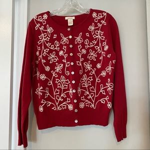 Sundance Red Embroidered Cardigan Cotton Sweater Size M